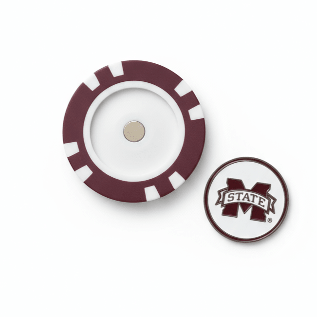 Two circular objects with a maroon and white design on a white background
