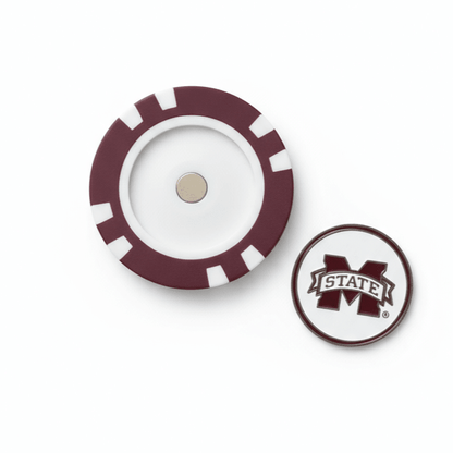 Two circular objects with a maroon and white design on a white background