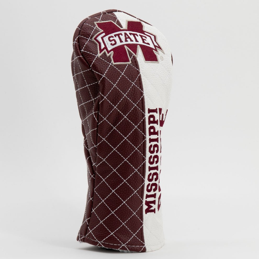Maroon and white golf club head cover with 'Mississippi State' text on a light gray background