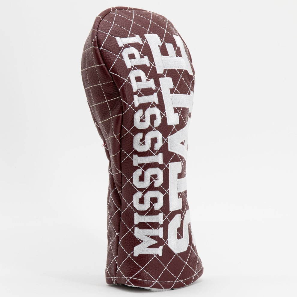 Golf club head cover with 'Mississippi' text on a white background
