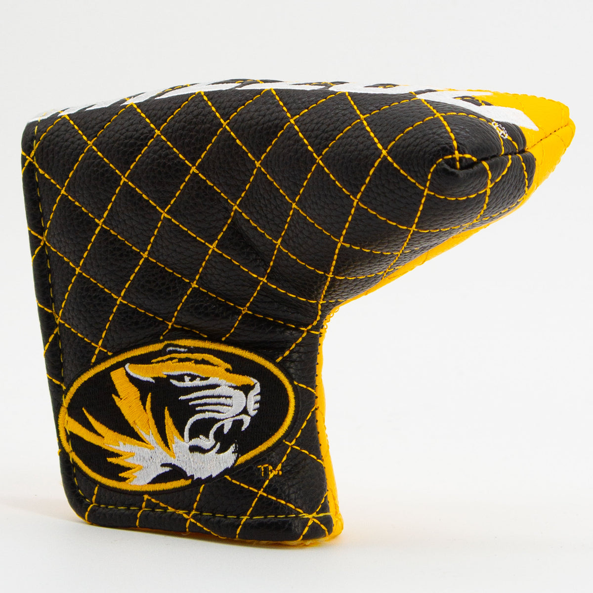 Missouri Tigers split quilted blade putter cover, close-up of the stitching and textured exterior