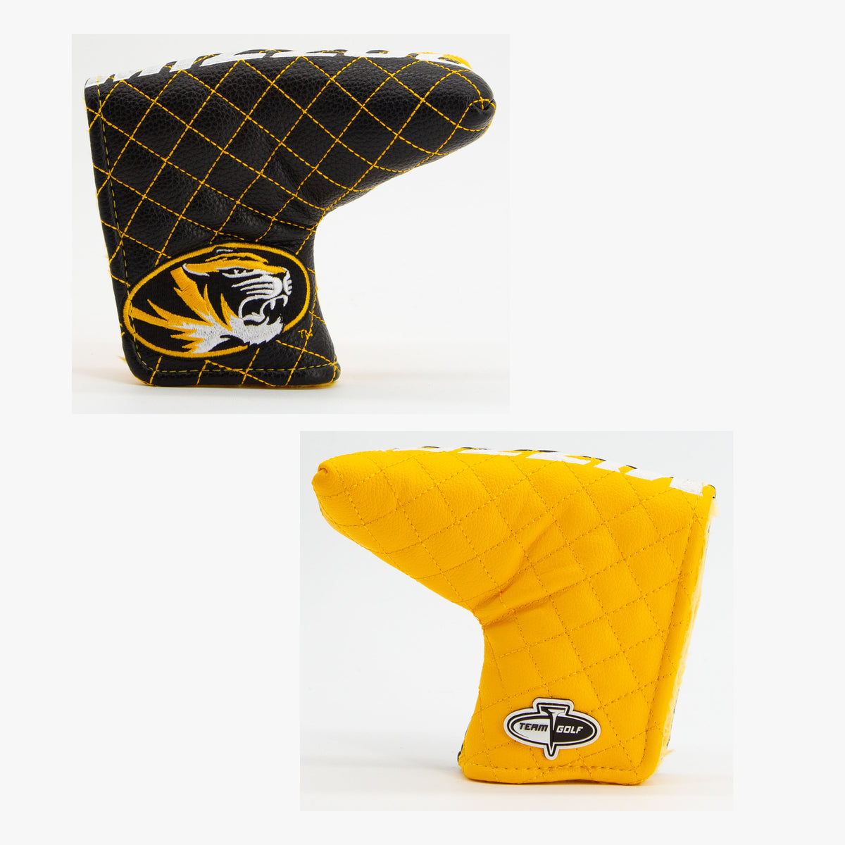 Missouri Tigers Split Quilted Blade Putter Cover, offset front and back views