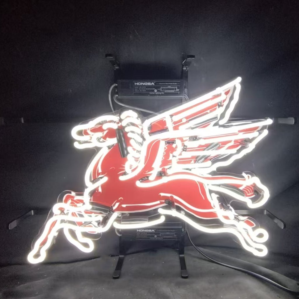 Mobilgas Gas Oil Flyin Horse White Neon Signs Light - 19 inches - Club Rehab