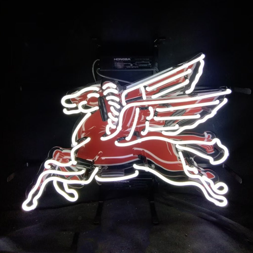 Mobilgas Gas Oil Flyin Horse White Neon Signs Light - 19 inches - Club Rehab