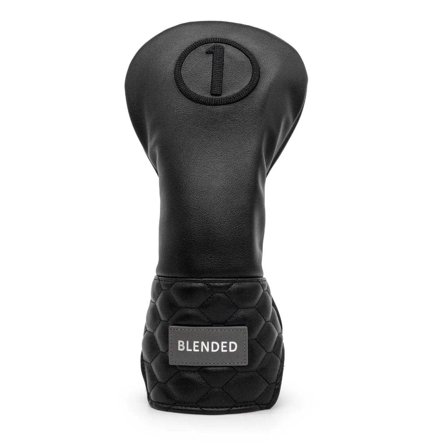 Black golf club head cover with 'Blended' label on a white background