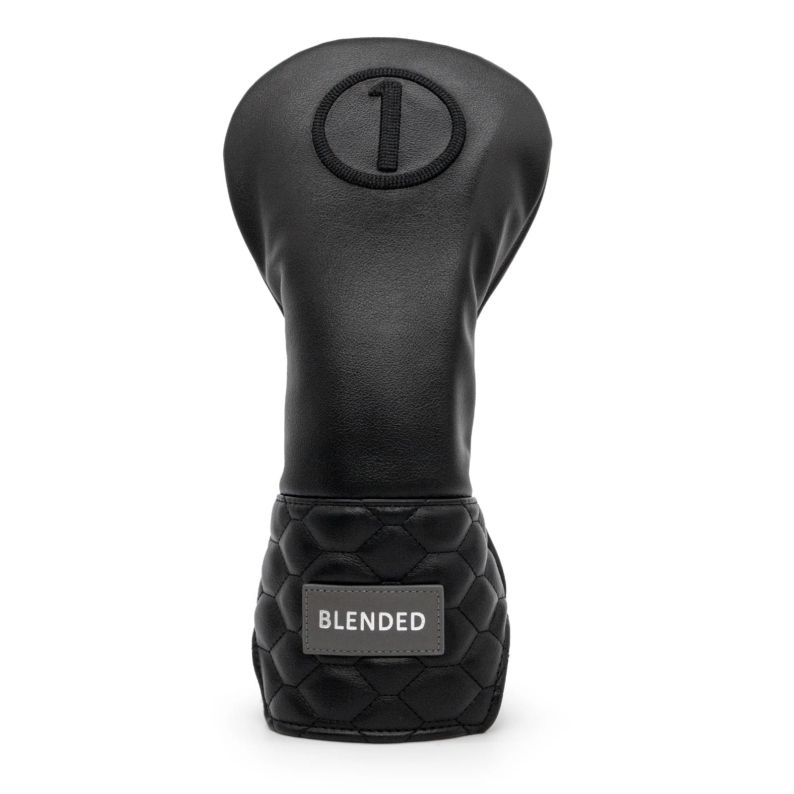 Black golf club head cover with 'Blended' label on a white background