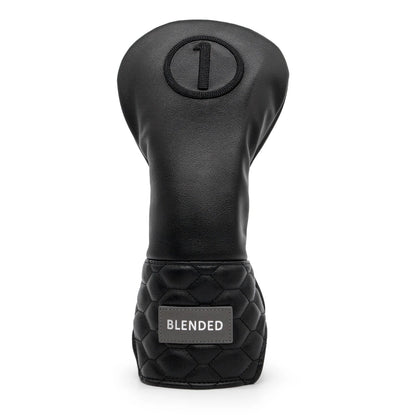 Black golf club head cover with 'Blended' label on a white background