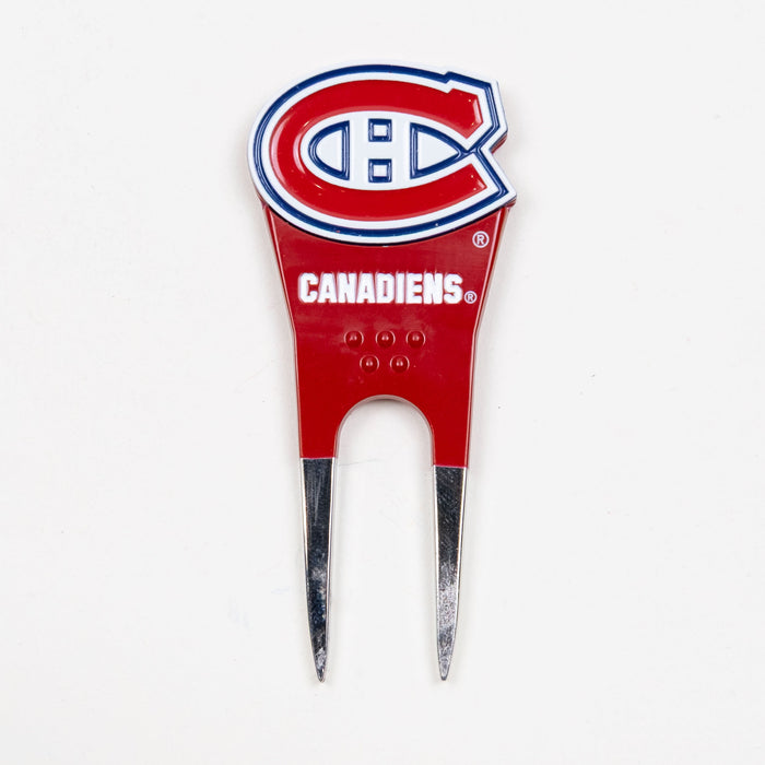 Montreal Canadiens Custom Shaped Divot Tool with Canadiens logo marker attached, front view