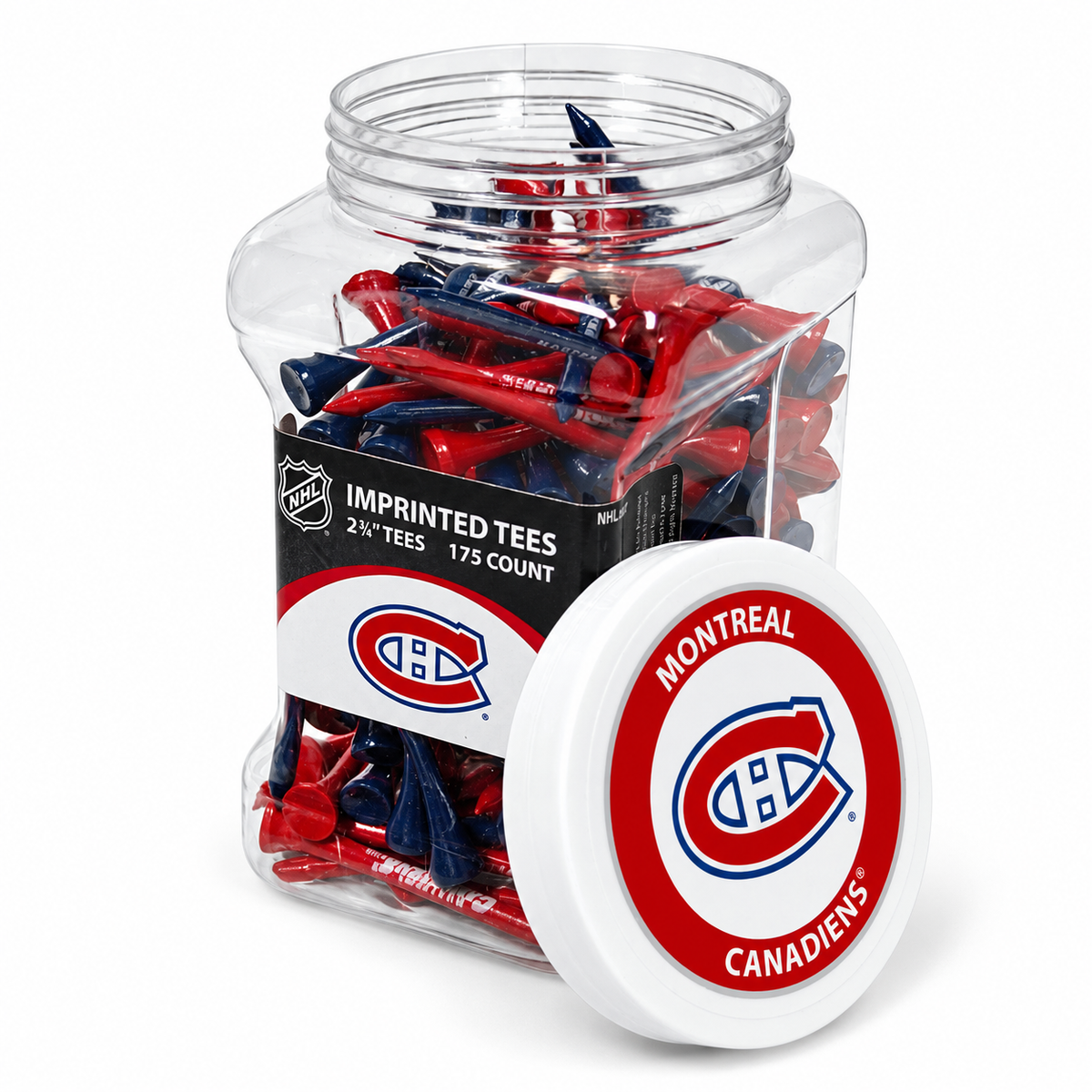 Montreal Canadiens jar containing 175 2¾-inch golf tees with its separate team-logo lid.