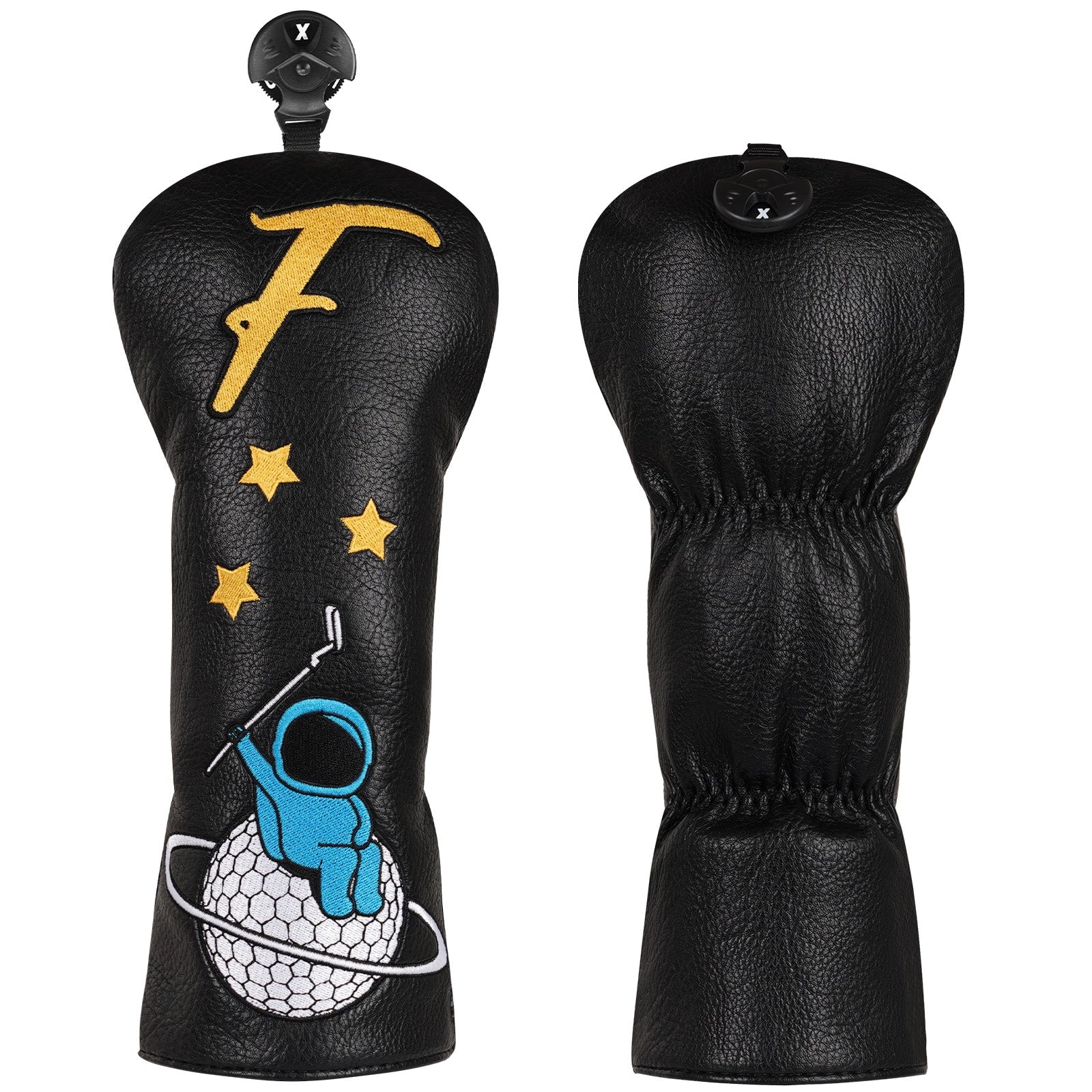 Black golf club head covers with a gold 'F' and star design on one, and an astronaut and golf ball design on the other, on a white background.