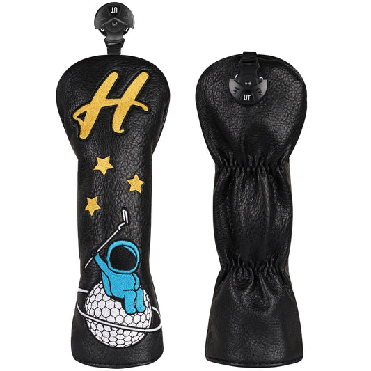Black golf club head covers with yellow 'H' and stars, blue golfer figure, and white golf ball design on a white background.