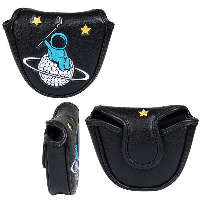 Black golf club head cover with astronaut and planet design on a white background