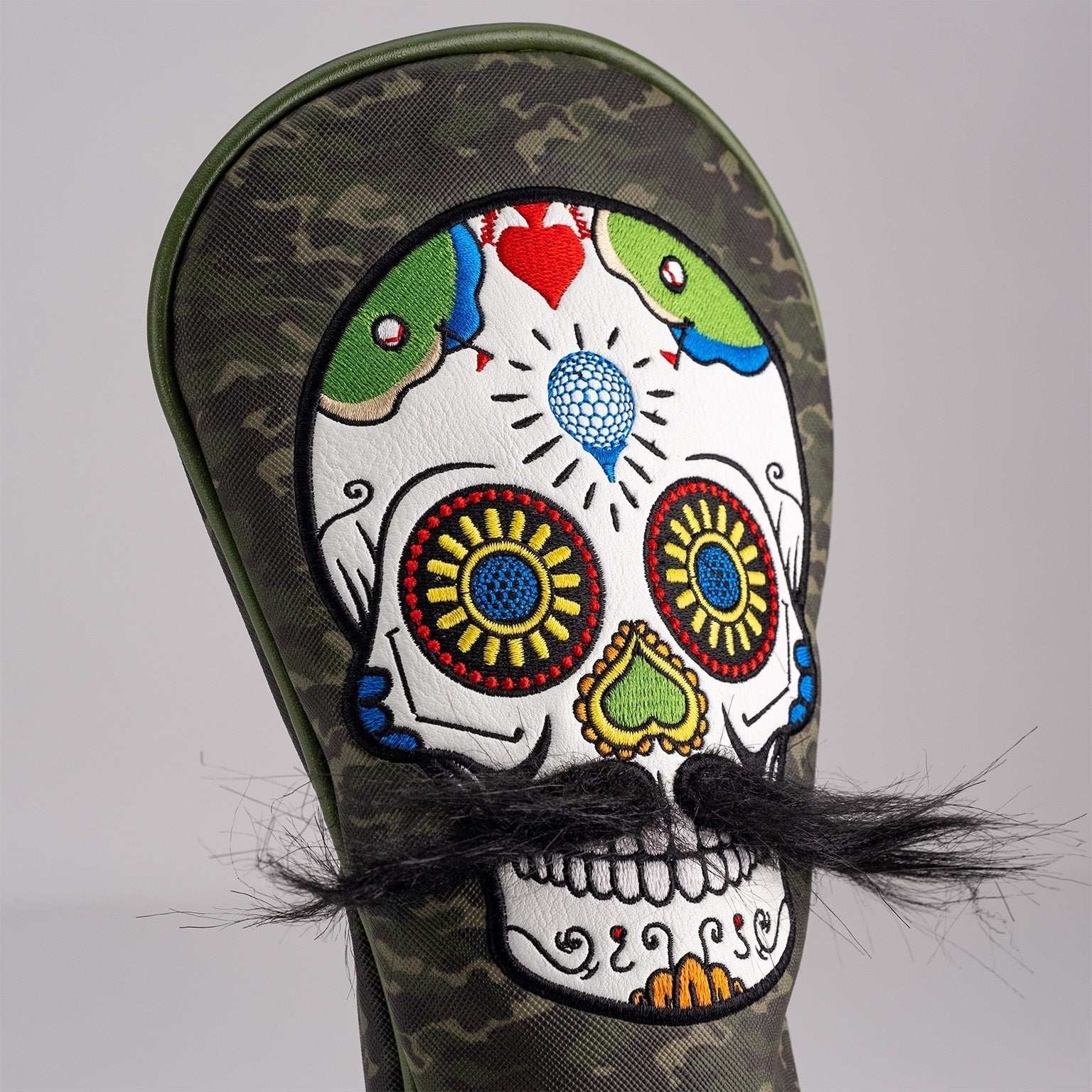Mustache Sugar Skull - Fairway Cover Green Camo - Club Rehab