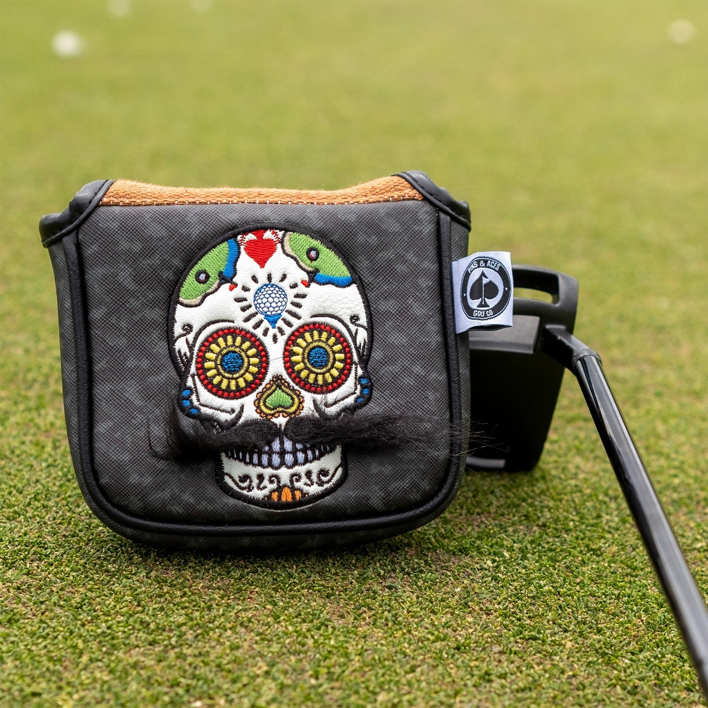 Mustache Sugar Skull - Mallet Putter Cover Gray Camo - Club Rehab