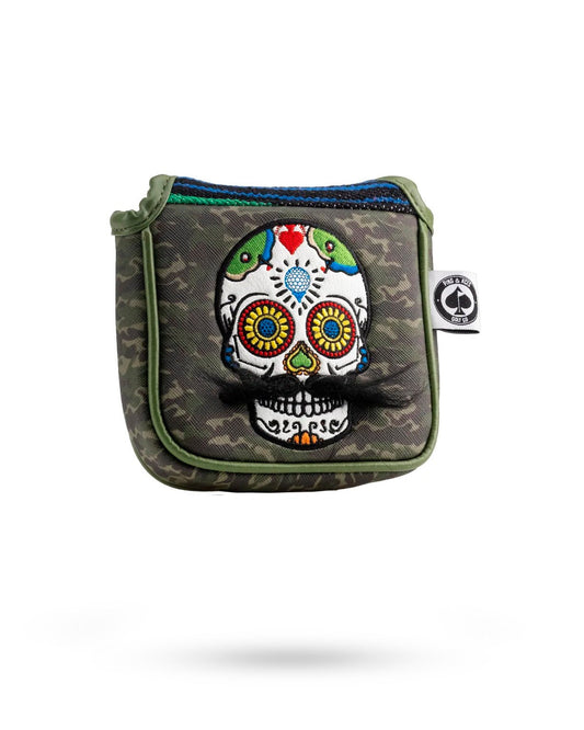 Mustache Sugar Skull - Mallet Putter Cover Green Camo - Club Rehab