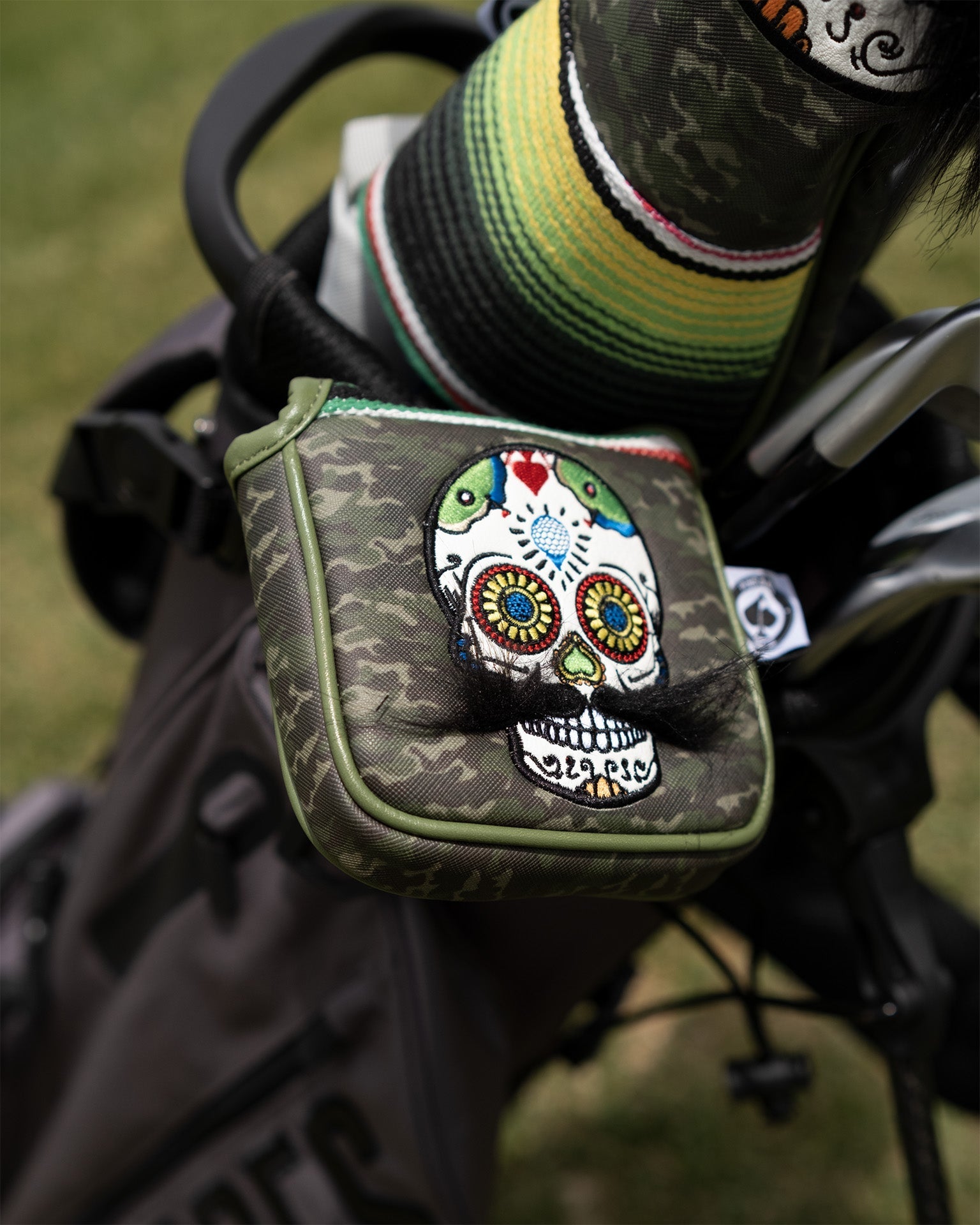 Mustache Sugar Skull - Mallet Putter Cover Green Camo - Club Rehab