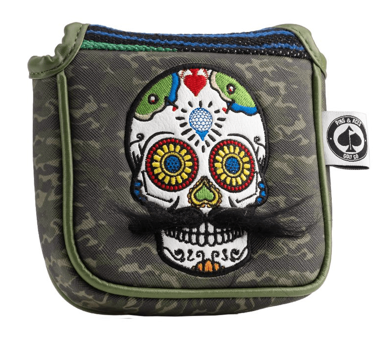 Mustache Sugar Skull - Mallet Putter Cover Green Camo - Club Rehab