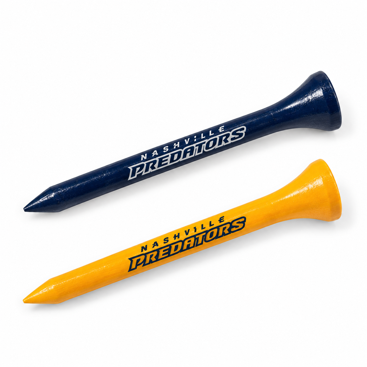 Nashville Predators golf tees in navy and gold with team lettering.