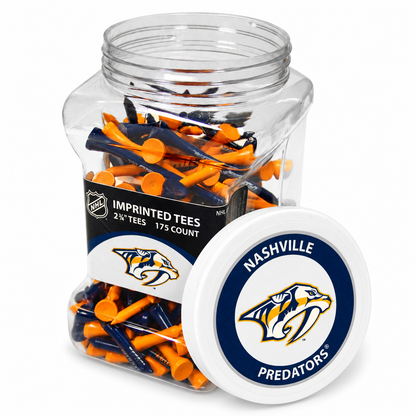Nashville Predators jar containing 175 2¾-inch golf tees with its separate team-logo lid.