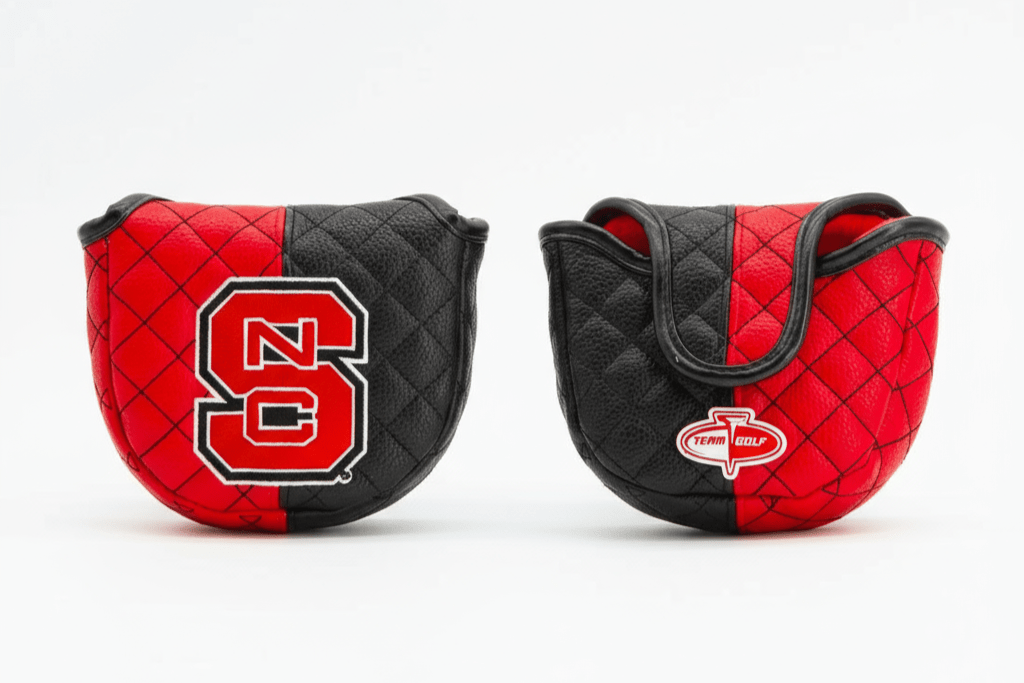Two quilted golf club covers, one red and black with a logo on the other, on a white background.