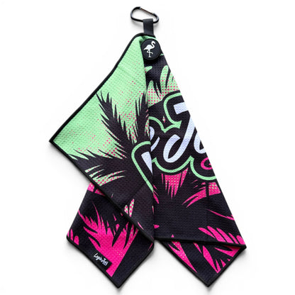 Neon Palms Golf Towel | 24” x 16” Microfiber Towel | Magnetic Clip & Carabiner | Premium Golf Accessory - Club Rehab