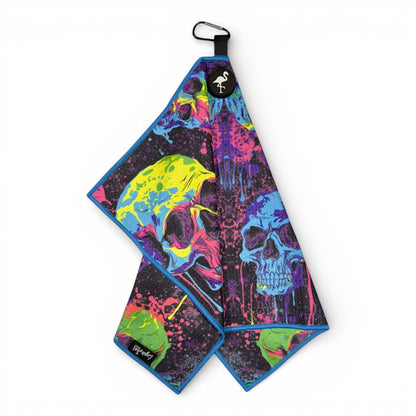 Neon Skull Golf Towel | Premium Double - Sided Microfiber | Heavy - Duty Magnetic Towel with Carabiner Clip | 24 x 16 in - Club Rehab