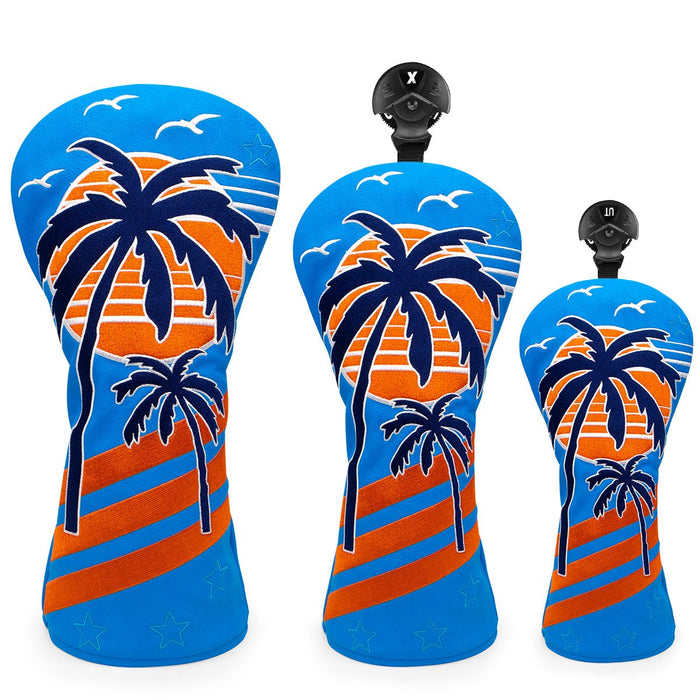 Neon Sunset Palms Headcovers - Set: Driver + Fairway + Hybrid - SAVE 20% BUNDLE - Club Rehab