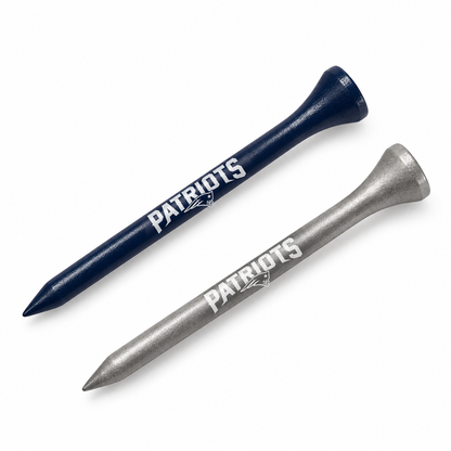New England Patriots golf tees in navy and metallic silver with team lettering.