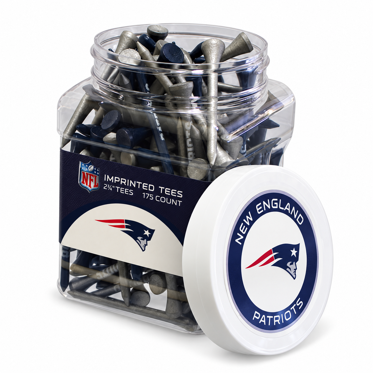 Close-up of the New England Patriots 175-count tee jar and separate lid.