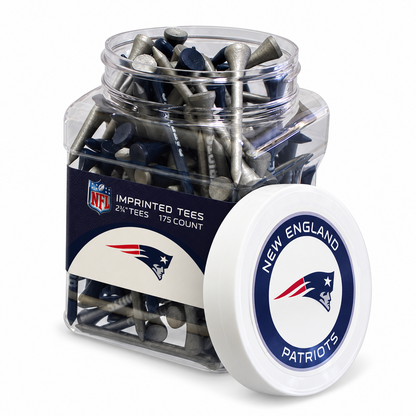 Close-up of the New England Patriots 175-count tee jar and separate lid.
