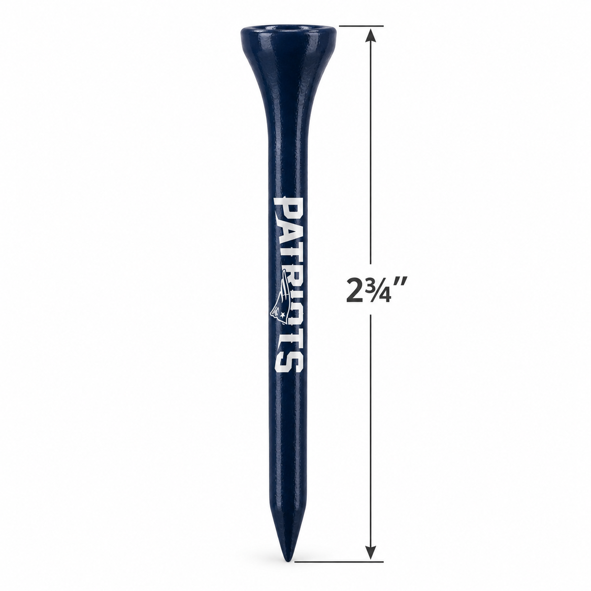New England Patriots golf tee with a 2¾-inch height measurement.