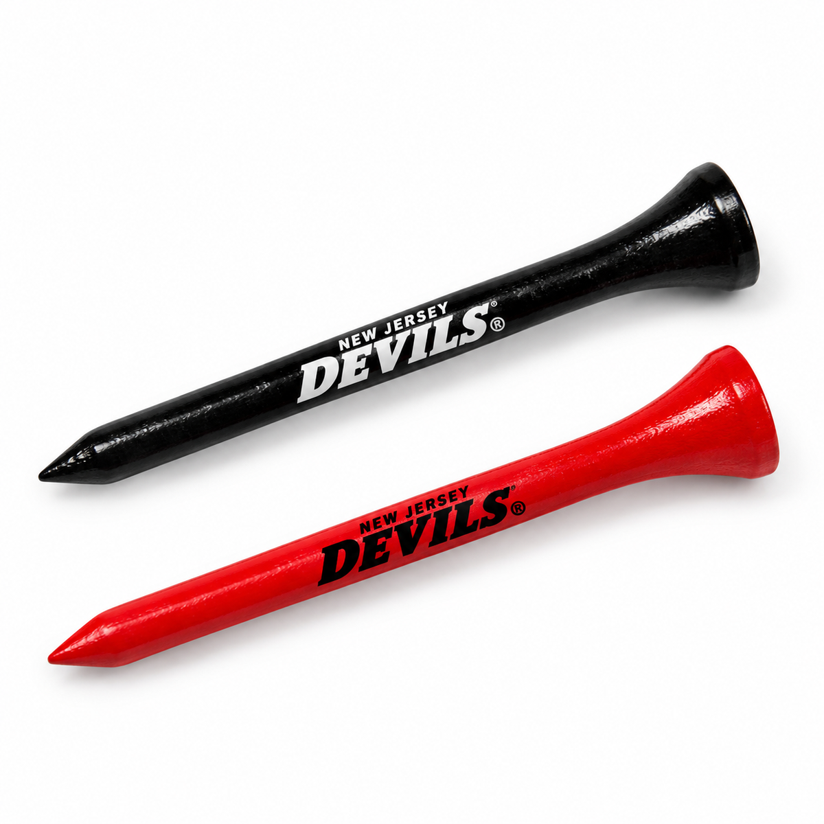 New Jersey Devils golf tees in black and red with team lettering.