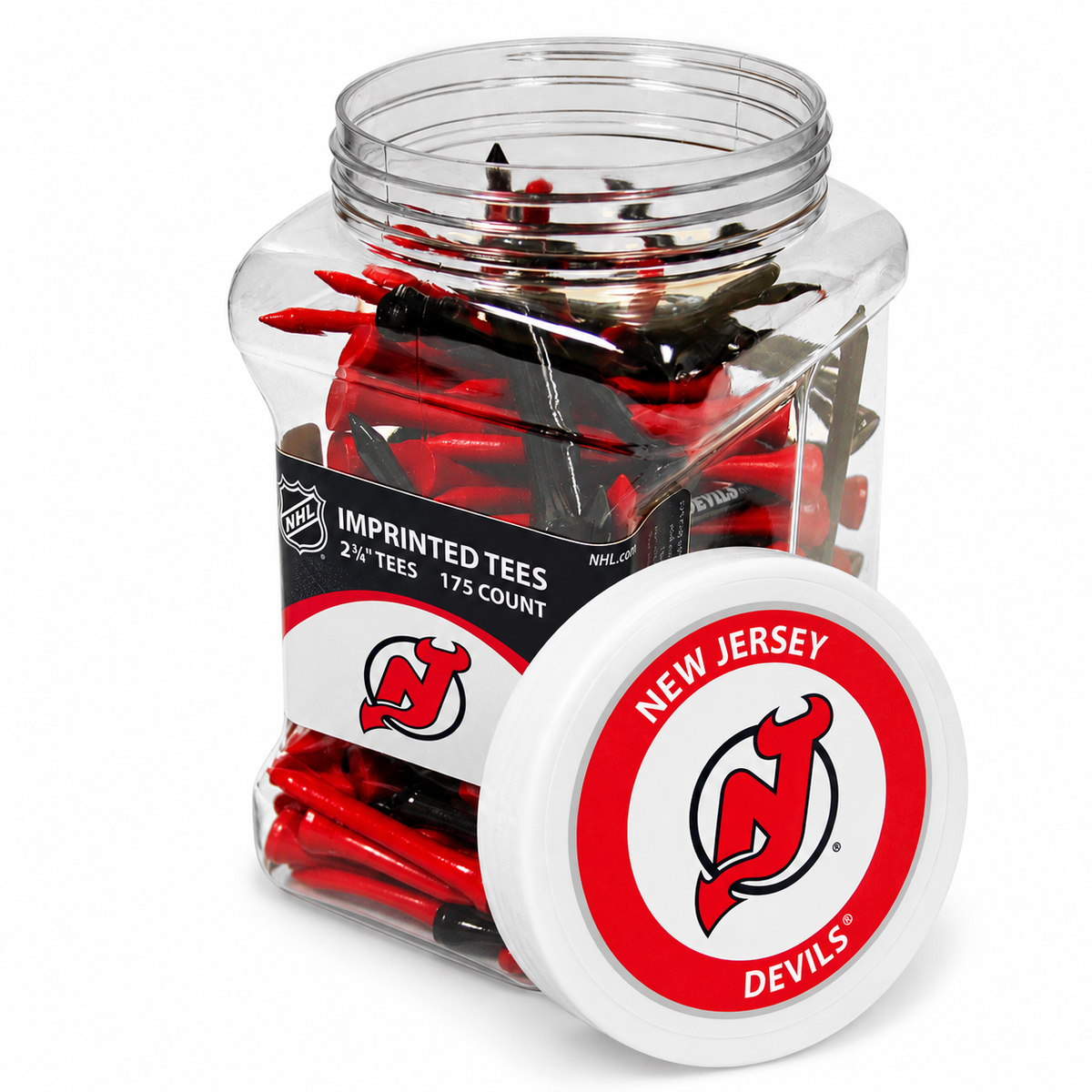 New Jersey Devils jar containing 175 2¾-inch golf tees with its separate team-logo lid.