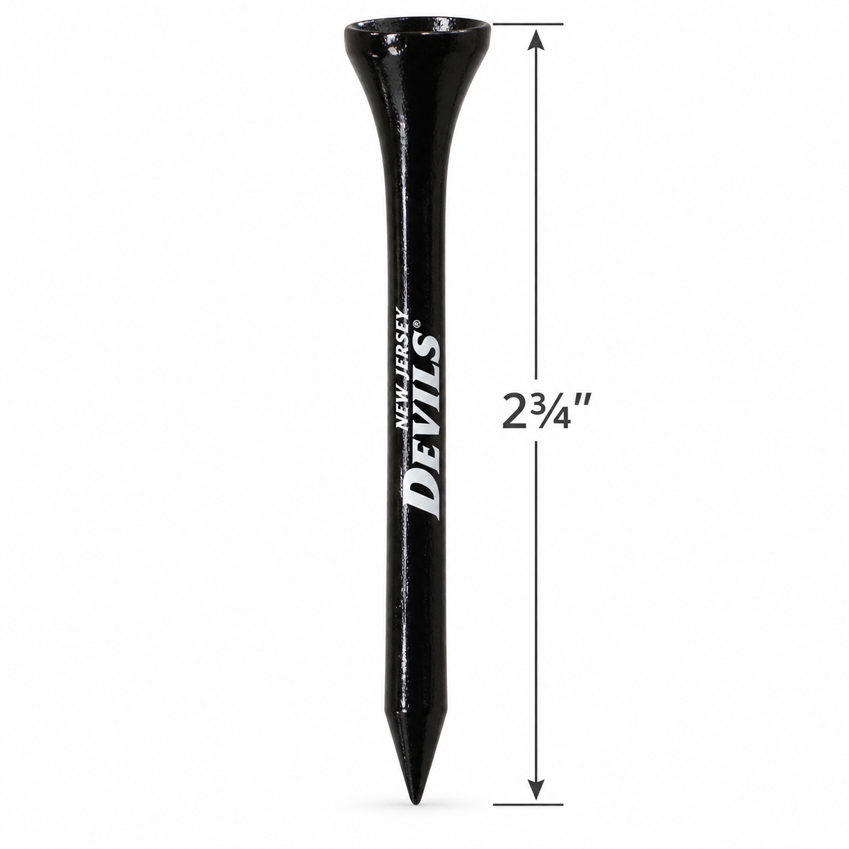 Black New Jersey Devils golf tee with a 2¾-inch height measurement.