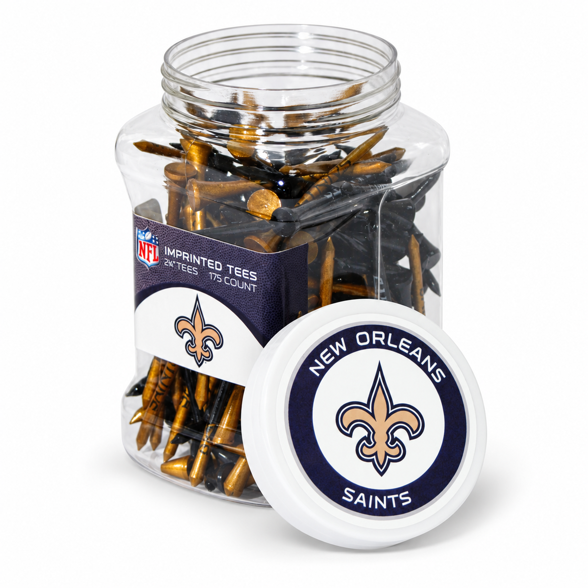 Close-up of the New Orleans Saints 175-count tee jar and separate lid.