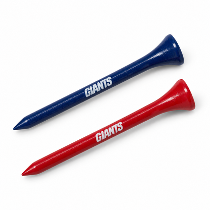 New York Giants golf tees in blue and red with team lettering.