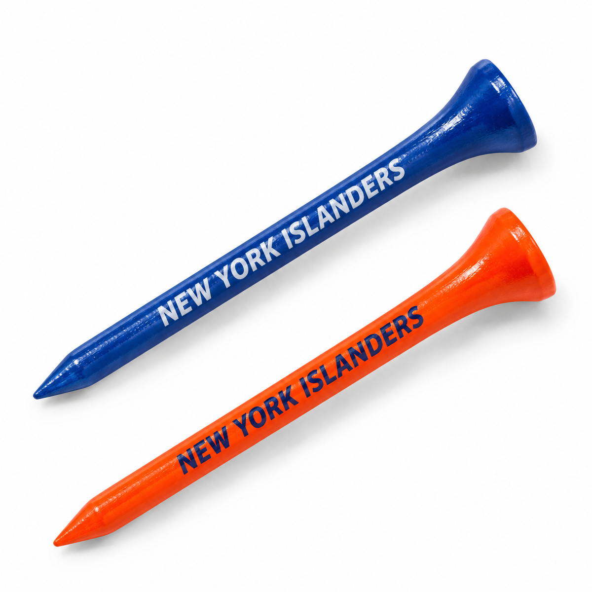 New York Islanders golf tees in blue and orange with team lettering.