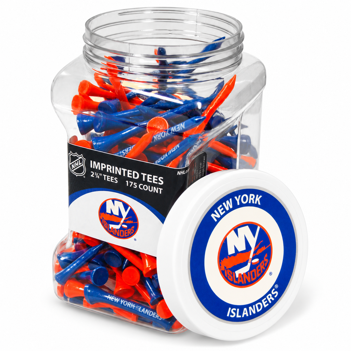 New York Islanders jar containing 175 2¾-inch golf tees with its separate team-logo lid.