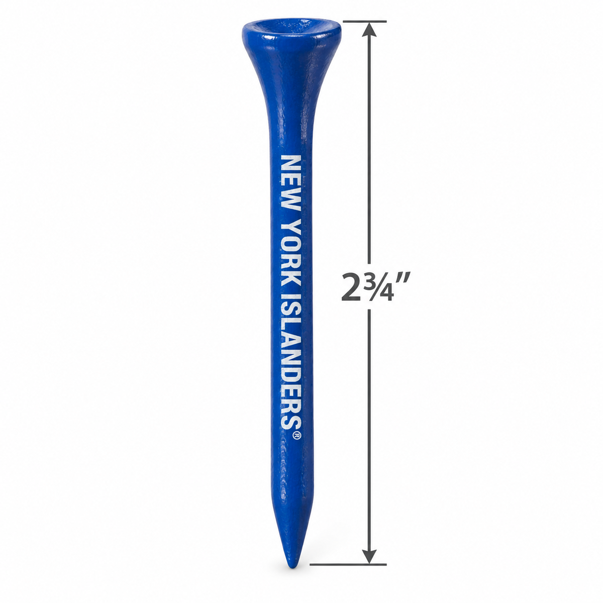 Blue New York Islanders golf tee with a 2¾-inch height measurement.