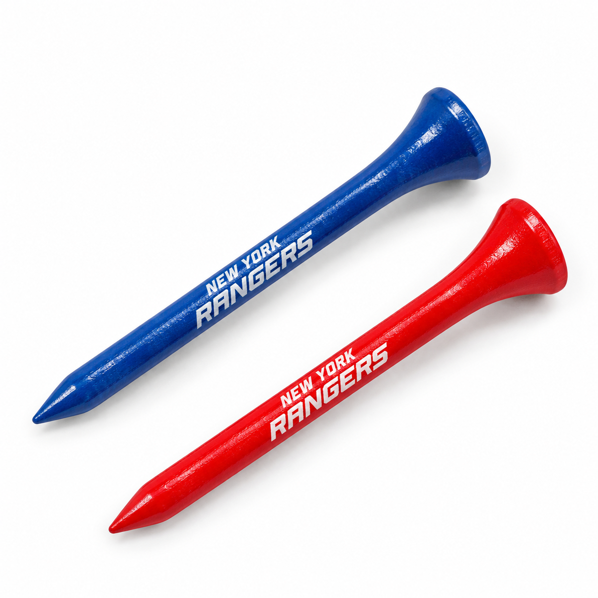 New York Rangers golf tees in blue and red with team lettering.