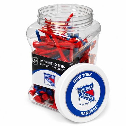 New York Rangers jar containing 175 2¾-inch golf tees with its separate team-logo lid.
