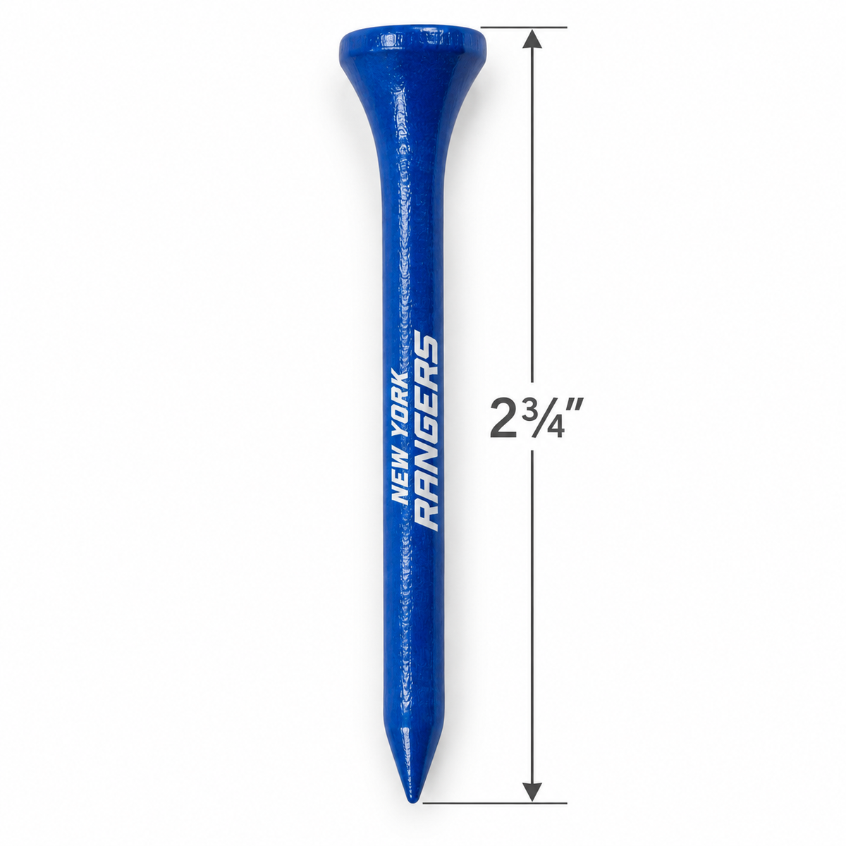Blue New York Rangers golf tee with a 2¾-inch height measurement.