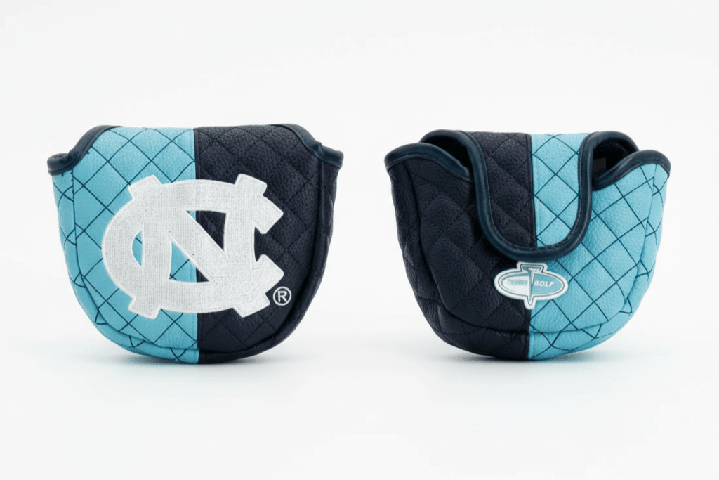 Two quilted golf club covers with logos on a white background