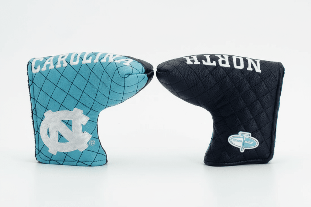 Two golf club head covers, one blue and one black, with logos on a white background.