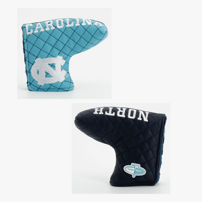 North Carolina Tar Heels Split Quilted Blade Putter Cover, offset front and back views