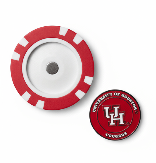Red and white object with a logo on a white background