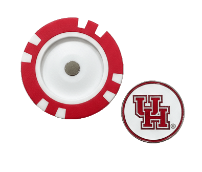 Two red and white circular objects with a logo on a light gray background