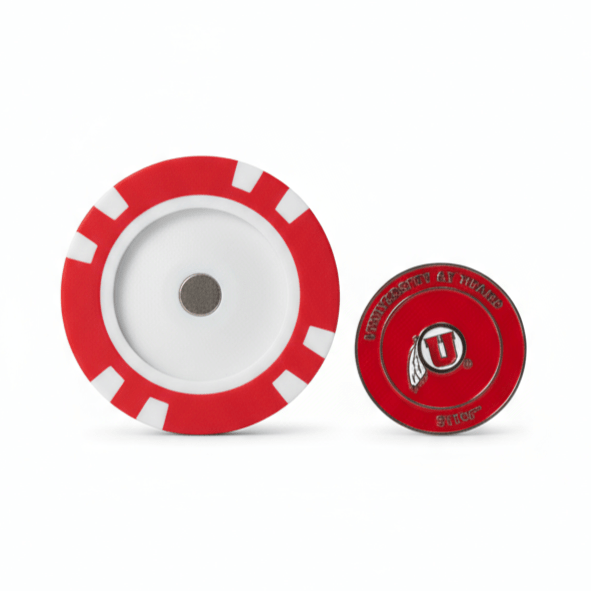 Two red and white circular objects with a logo on a white background