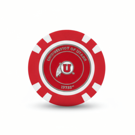 Red and white circular object with a logo on a white background