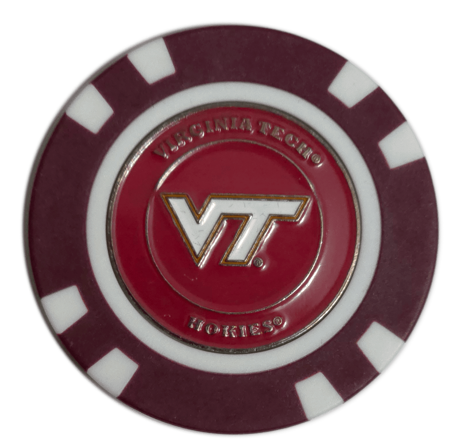 Poker chip with Virginia Tech logo on a white background